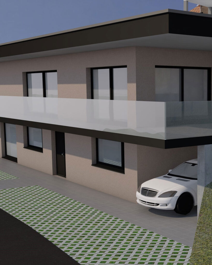 Visualisierung von einem Einfamilienhaus mit grossem Balkon in Steinen.